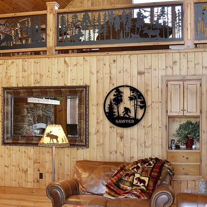 Round Bigfoot Mountain Personalized Metal Sign, Sasquatch Custom Name, Sasquatch Sign, Gifts For Him Wall Hanging, Lodge Cabin Decor Laser Cut Metal Signs Custom Gift Ideas