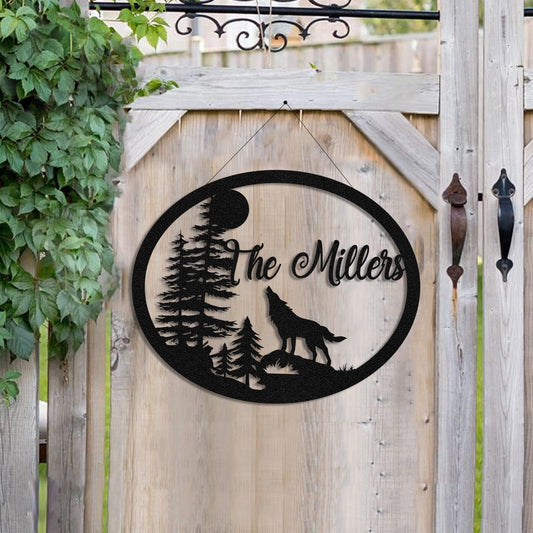 Personalized Family Name Wolf Deer Hunting Metal Sign Wall Hanging, Metal Laser Cut Metal Signs Custom Gift Ideas - 8 inches - metal sign