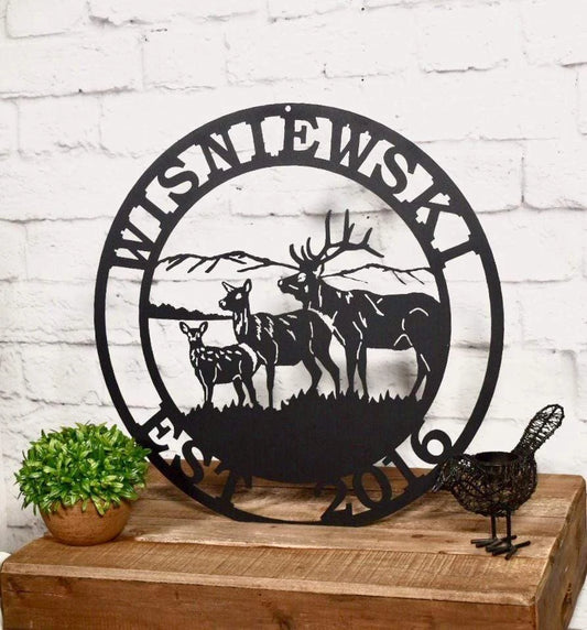 Personalized Three Elk Deer Hunter Sign Cut Metal Sign Metal House Sign - 8 inches - metal sign