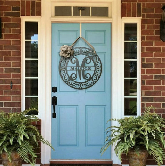 Fancy Schmancy Metal Monogram Front Door Wreath Monogram Door Hanger Door Wreath Personalized Family Last Name Sign - 8 inches - metal sign
