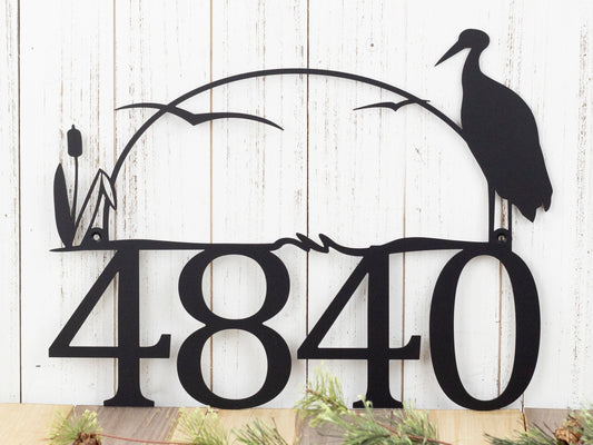 House Number Plaque In Laser Cut Metal With Heron & Cattails Number Sign Lake House Decor Cabin Signs Matte Black Shown - 8 inches - metal sign