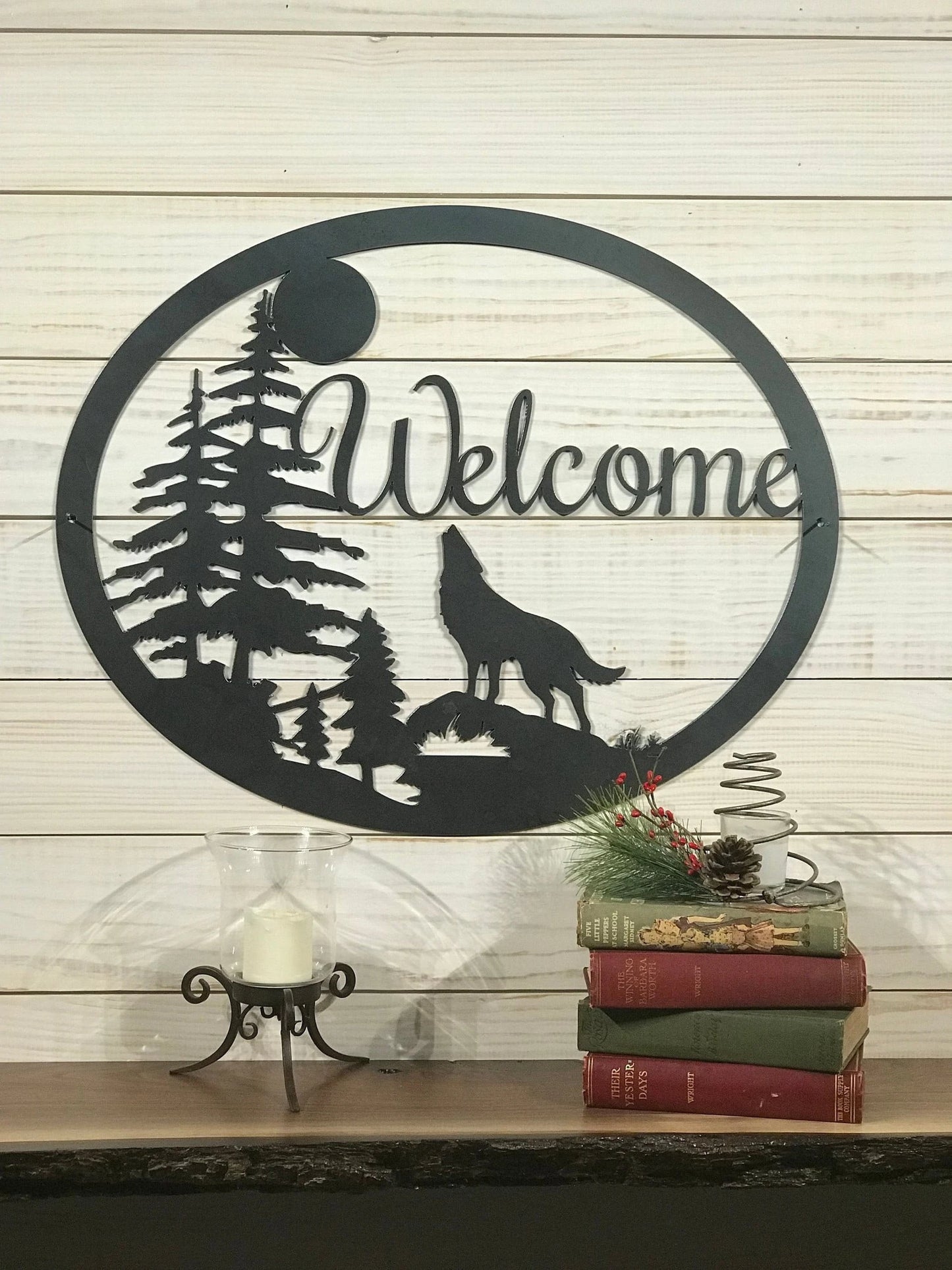 Large Metal Wolf Howling Welcome Sign 20 Inch Rustic Metal Decor Large Metal Sign