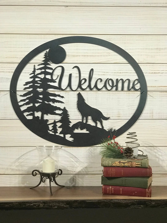 Large Metal Wolf Howling Welcome Sign 20 Inch Rustic Metal Decor Large Metal Sign - 8 inches - metal sign
