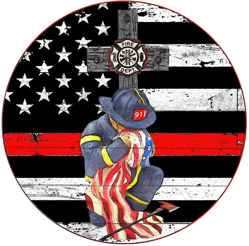 Round Metal Tin Sign Rustic Wall Decor Wall Plaque Firefighter Wreath Sign Firefighter Respect Sign