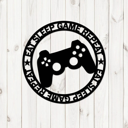 Eat Sleep Game Repeat Laser Cut Sign Laser Cut Gaming Sign Metal Gaming Sign - 8 inches - metal sign