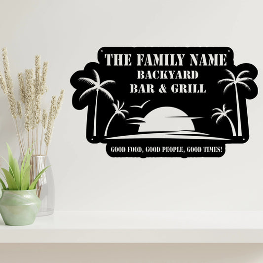 Metal Backyard Pool Sign Outdoor Pool Signs Palm Trees Sign Pool Bar And Grill Backyard Decor Happy Hour - 8 inches - metal sign