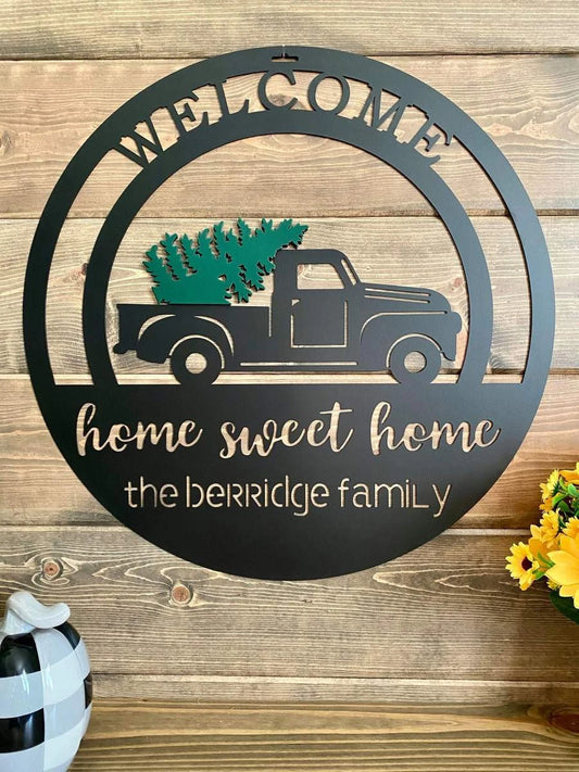 Personalized Christmas Tree Truck Sign, Cut Metal Sign, Metal Wall Art, Metal House Sign Laser Cut Metal Signs Custom Gift Ideas - 8 inches - metal sign