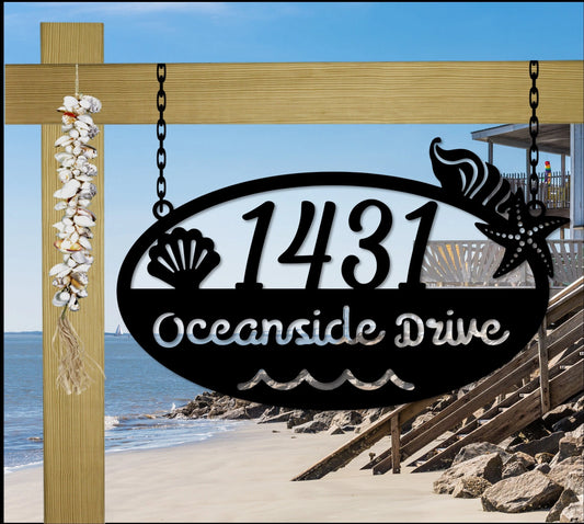 Hanging Beach House Address Sign, Nautical, Seashells, Mermaid, Tropical Custom Metal Address Sign, Beach - metal sign