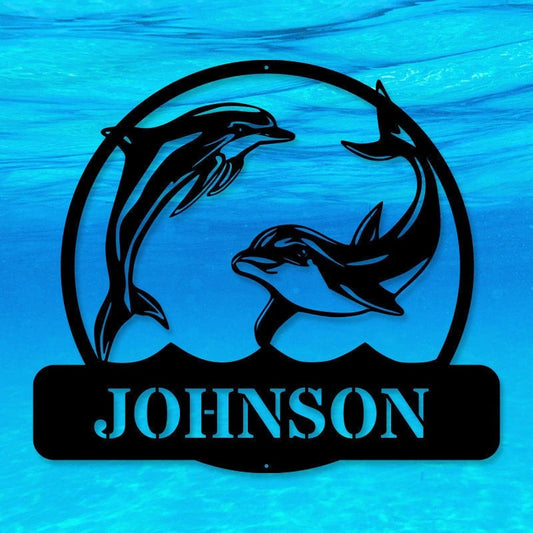 Metal Dolphin Sign Personalized Metal Monogramfamily Name Signlake House Signbeach - 8 inches - metal sign