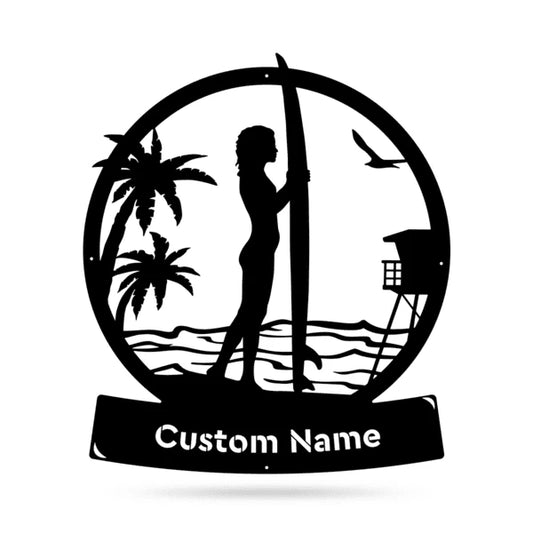 Longboard Female Surfer Monogram, Cut Metal Sign, Metal Wall Art, Metal House Sign Laser Cut Metal Signs Custom Gift Ideas - 8 inches - metal sign