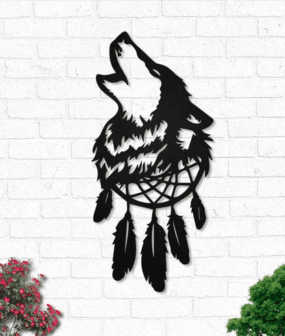 Native Wolf Dream Catcher Feathers Metal House Sign