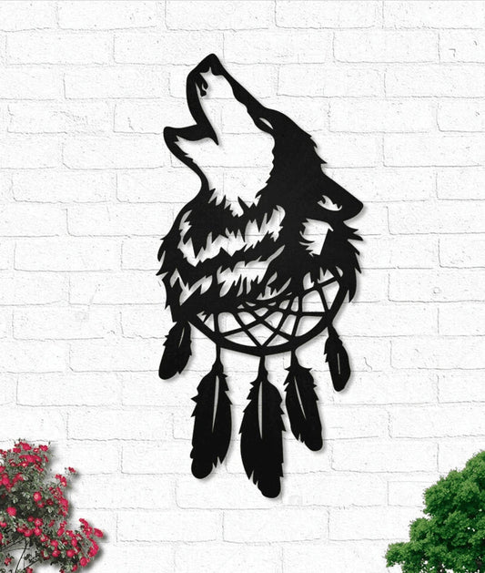 Native Wolf Dream Catcher Feathers Metal House Sign - 8 inches - metal sign
