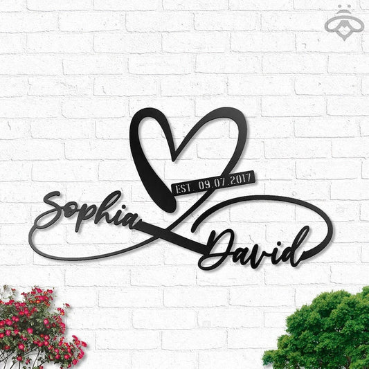 Custom Name And Date Metal Wall Art, Personalized Heart And Infinity Name Sign Decoration For Living Room - wedding detail