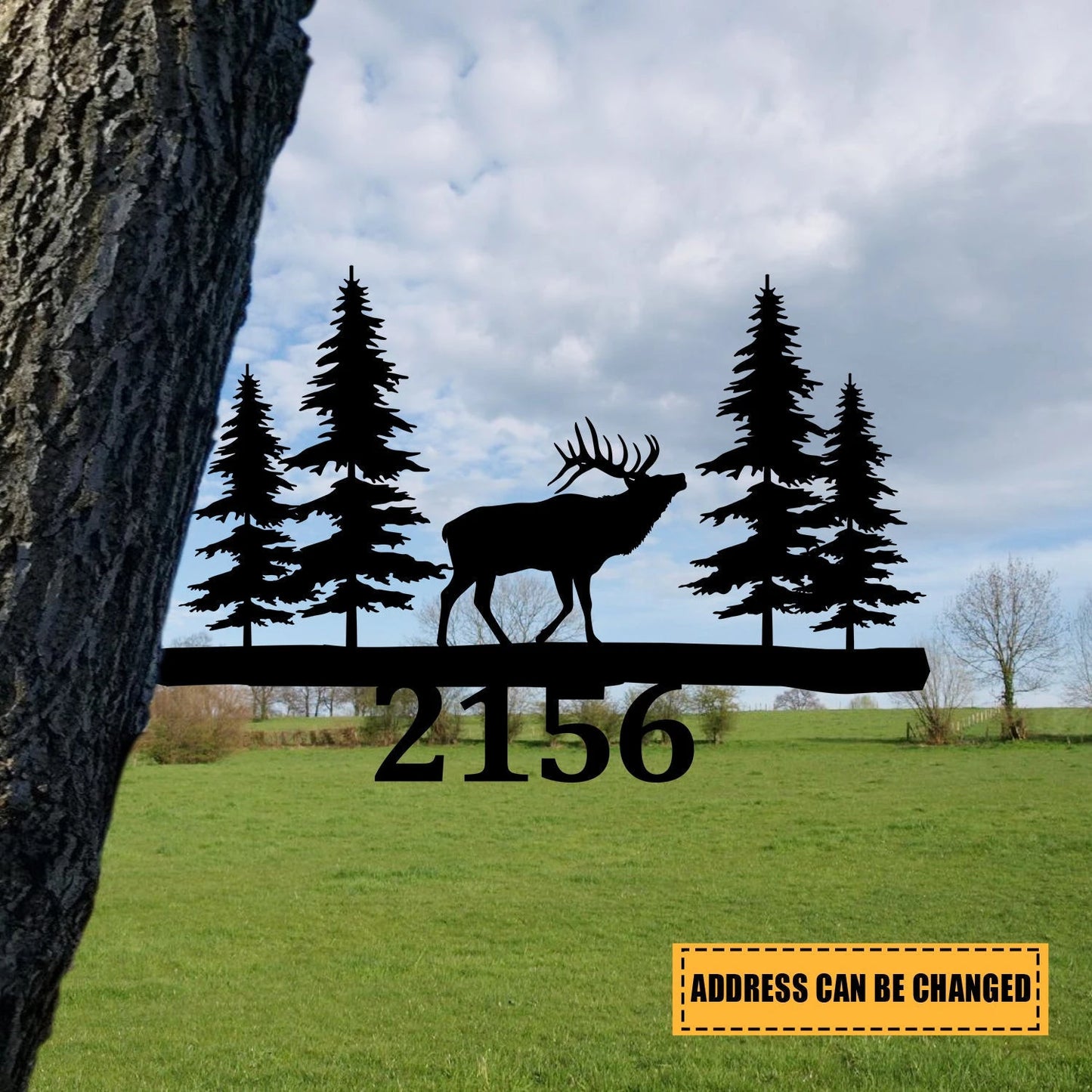 Personalized Elk Deer Metal Tree Stake, House Number, Hunting Art Laser Cut Metal Signs Custom Gift Ideas