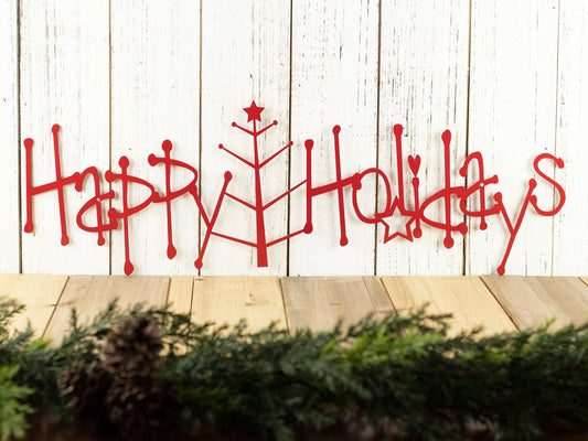 Happy Holidays Metal Sign With Christmas Tree Red Christmas Tree Outdoor Holiday Decor Christmas - 8 inches - metal sign
