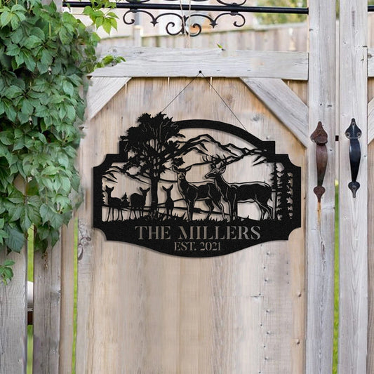 Personalized Family Name Deer Hunting Hunter Metal Sign Monogram, Metal Laser Cut Metal Signs Custom Gift Ideas - 8 inches - metal sign