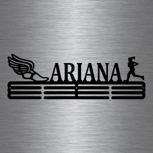 Track And Field With Girl Runner Custom Name Medal Hanger Holder Display Rack 3 Rung, Cut Metal Sign - metal sign