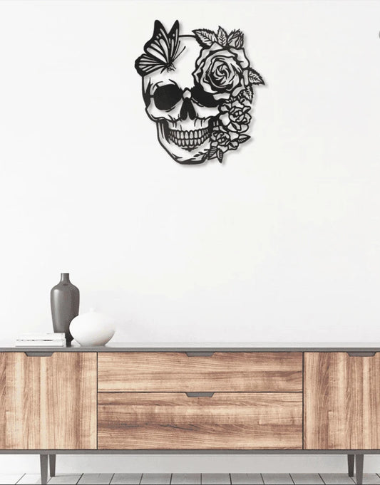 Flower Butterfly Skull Metal House Sign - 8 inches - metal sign