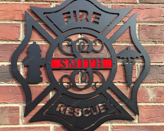 Personalized Metal Maltese Cross Sign Firefighter Gift Monogram Door Hanger Firefighter Gift - 8 inches - metal sign