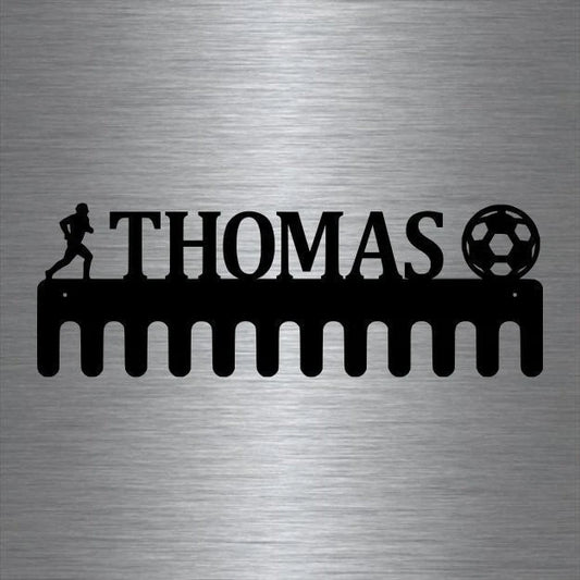 Soccer And Male Runner Custom Name Medal Hanger Holder Display Rack 12 Hooks, Cut Metal Sign, Metal Wall - metal sign