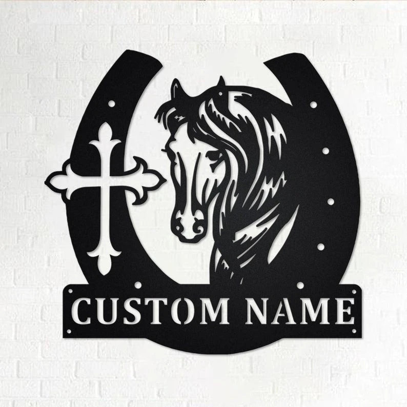 Custom Large Horseshoe With Horse Head And Cross Personalized Horse Name Sign Decoration For RoomHorse And Cross