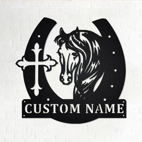 Custom Large Horseshoe With Horse Head And Cross Personalized Horse Name Sign Decoration For RoomHorse And Cross