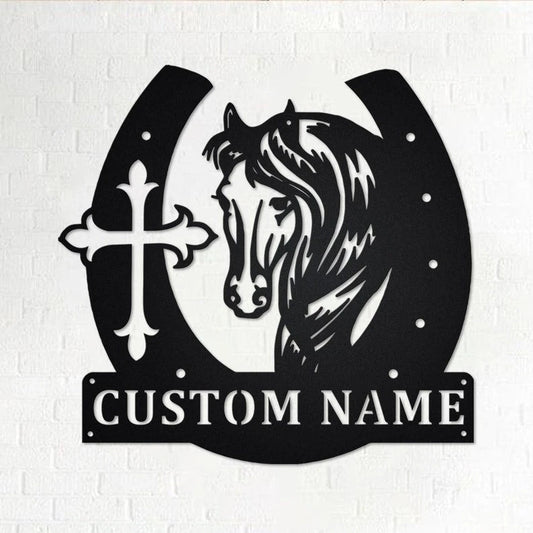 Custom Large Horseshoe With Horse Head And Cross Personalized Horse Name Sign Decoration For RoomHorse And Cross - 8 inches - metal sign
