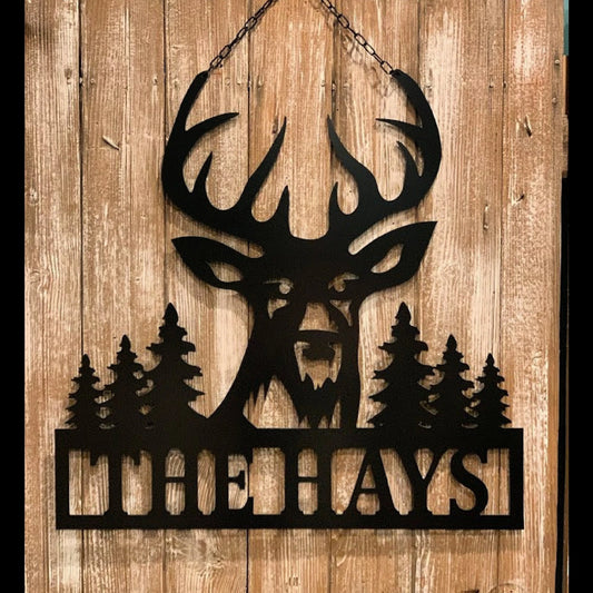 Personalized Hunter Decor Deer, Pine Trees, Man Cave Or Hunting Cabin Gift Idea, Custom Deer & Nature - metal sign