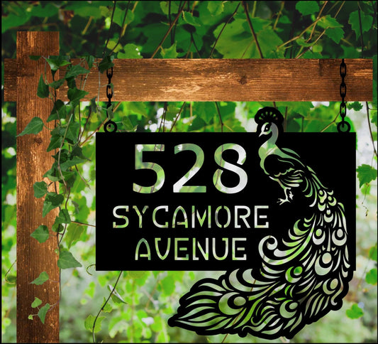 Hanging Peacock Address Sign, Peacock Decor, Peacock Yard Sign, Peacock Porch Decor, Peacock Lovers Gift - metal sign