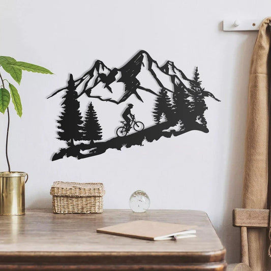 Mountain Tree and Cyclist Biker Wall Art Decor Cut Metal Sign Laser Cut Metal Signs Custom Gift Ideas - 8 inches - metal sign