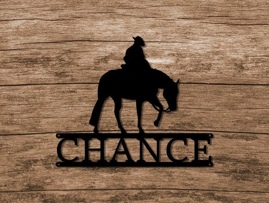 Custom Metal Western Horse And Rider Stall Sign Western Horse Stall Plaque Personalized Stall Name Plate - 8 inches - metal sign