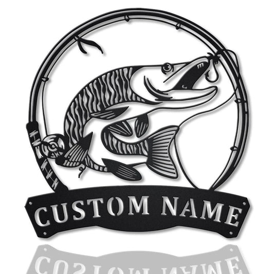 Personalized Tiger Muskellunge Fish Pole Metal Sign Art, Custom Tiger Muskellunge Metal Sign, Tiger - metal sign