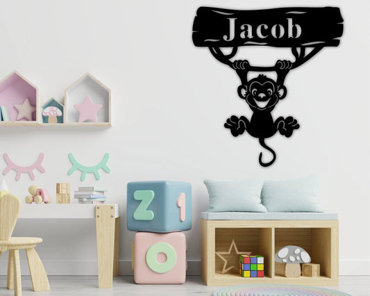 Name Sign, Monkey Kids Room Sign, Monkey Room Gift Decor, Personalized Metal Sign, Metal Name Monkey - metal sign