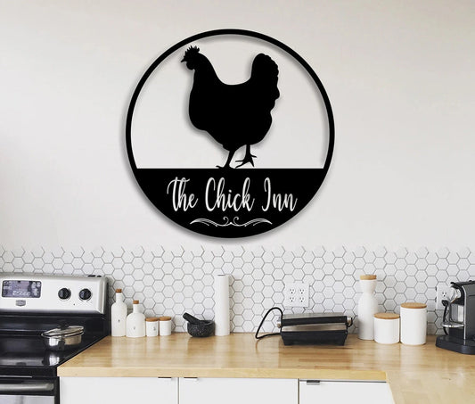 The Chick Inn Round Chicken Metal Sign Chicken Coop Door Sign Chick Inn Sign Funny Chicken Sign Cute Chicken Sign Welcome Sign - 8 inches - metal sign
