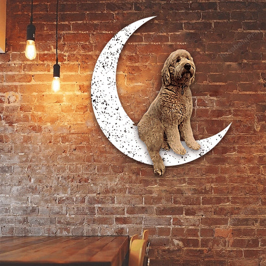 Dog Metal Sign Little Goldendoodle Sit On The Moon Gift for Dog Lover - 8 inches - metal sign
