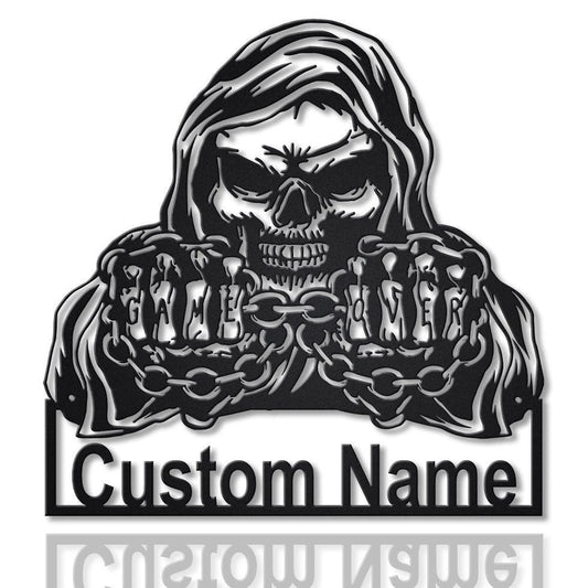 Personalized Grim Reaper Skull Skeleton Metal Sign Art, Custom Skull Skeleton Monogram Metal Sign, Skull - metal sign