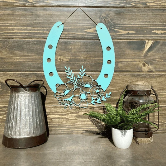 Floral Horseshoe Door Wreath Cut Metal Sign Metal House Sign - 8 inches - metal sign