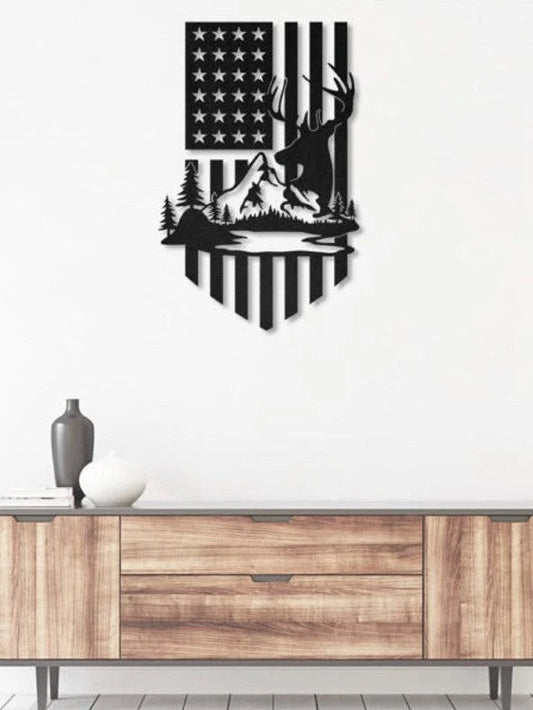 Hunting Deer and mountain American flag Cut Metal Sign Laser Cut Metal Signs Custom Gift Ideas - 8 inches - metal sign