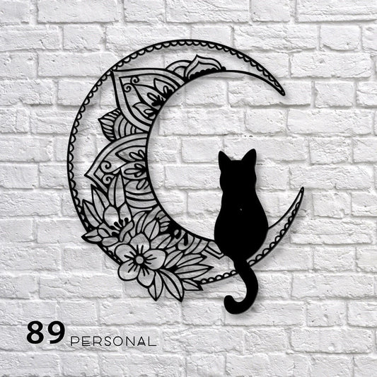 Cute Cat On Floral Moon Wall Art Decor Cut Metal Sign Laser Cut Metal Signs Custom Gift Ideas - 8 inches - metal sign