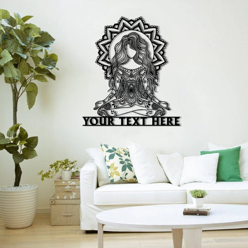 Personalized Yoga Girl Mandala Metal Sign, Custom Yoga Studio, Meditation Room, Home Wall Decor, Wedding, Anniversary Art Gift For Her, Metal Laser Cut Metal Signs Custom Gift Ideas