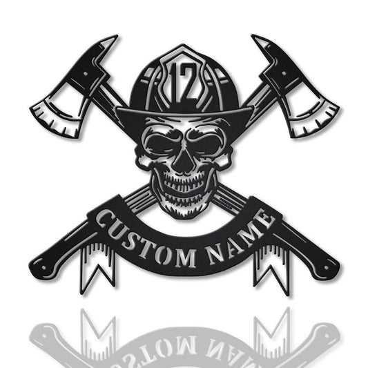 Personalized Firefighter Skull Metal Sign Art, Custom Firefighter Skull Monogram Metal Sign, Firefighter - metal sign