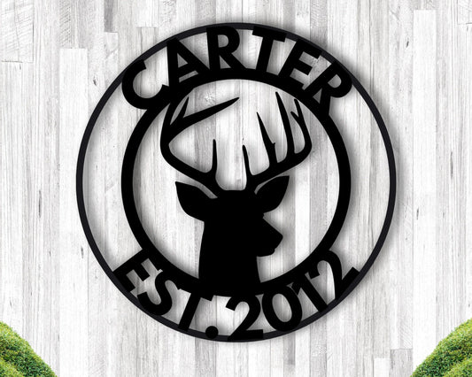 Deer Head Sign, Antler Decor, Deer Hunter Gift, Deer Camp Sign, Deer Name Metal Sign, Est Date Sign - metal sign