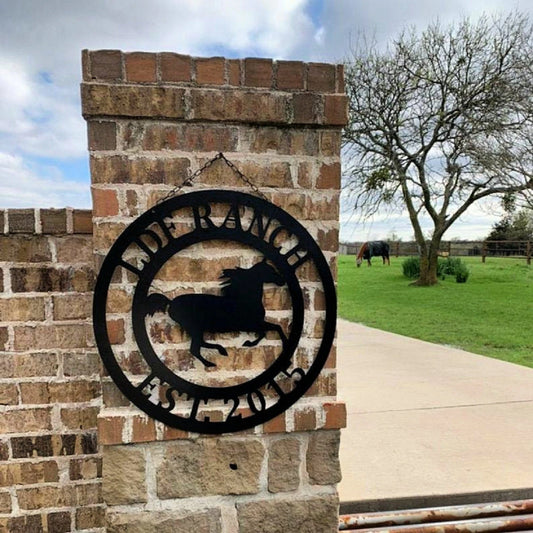 Farmhouse Decor Personalized Horse Sign, Customized Horse Ranch Family Name, Established Rustic Home - metal sign