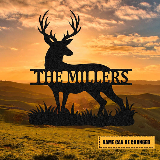 Personalized Family Name Deer Hunting Hunter Metal Sign Monogram, Art Gift For Him, Metal Laser Cut Metal Signs Custom Gift Ideas - 8 inches - metal sign