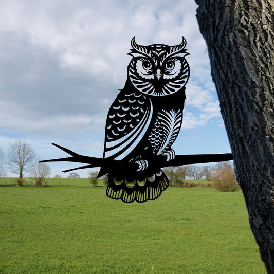 Owl Metal Tree Stake, Wildlife Animal Steel Art Laser Cut Metal Signs Custom Gift Ideas - 8 inches - metal sign