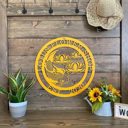 Koi Pond And Lotus Flower Metal Sign, Cut Metal Sign, Metal Wall Art, Metal House Sign Laser Cut Metal Signs Custom Gift Ideas