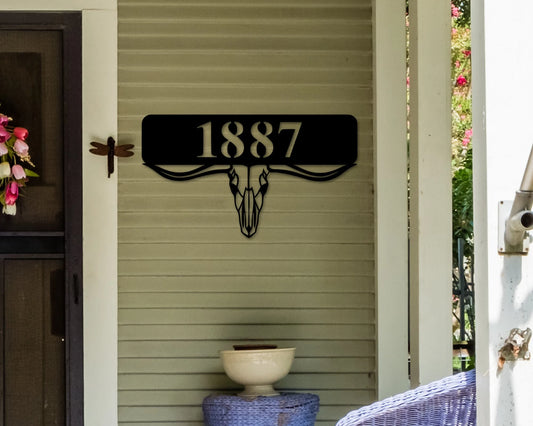 Cow Skull Wall Decor, Cow Skull Address Sign, Texas Long Horn Skull, Rustic Wall Decor, Address Sign - metal sign