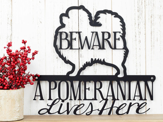 Pomeranian Lives Here Metal Sign Black Toy Pomeranian Small Dog Dog Lover Gift Door Sign - 8 inches - metal sign