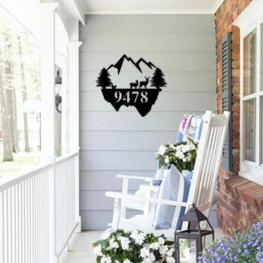 Deer And Mountain Scene Metal Sign, Personalized Metal Address Sign, Customized With House Number - metal sign