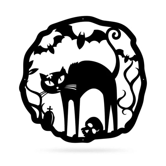 Halloween Cat Wreath Cut Metal Sign Metal House Sign - 8 inches - metal sign